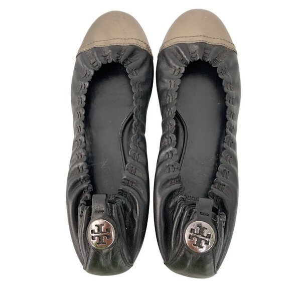 Tory Burch Abbey Black Leather Ballet Flats W/ Metallic Cap Toe Size 7.5 EUC - Picture 2 of 11
